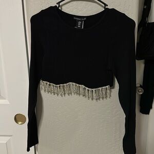 Black Long Sleeve With Rhinestones Cropped Top